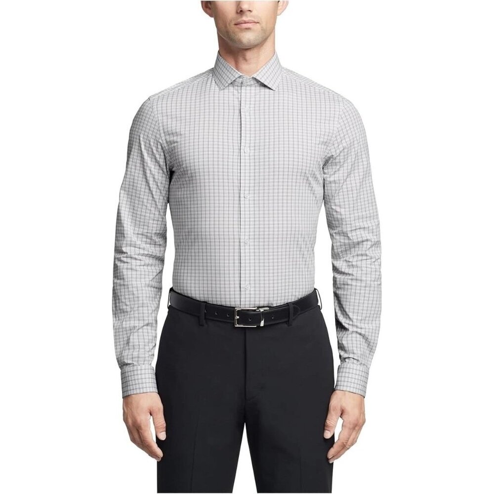 Calvin Klein Men's L Wrinkle-Free Checkered White Black Dress Shirt L1392 - Picture 1 of 8